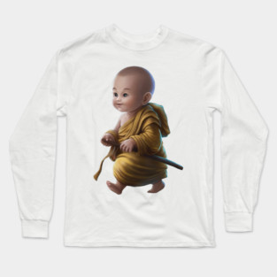 Baby with a Pixelated area Over the Face, Dressed in Traditional Monk Attire with a staff in Hand Long Sleeve T-Shirt