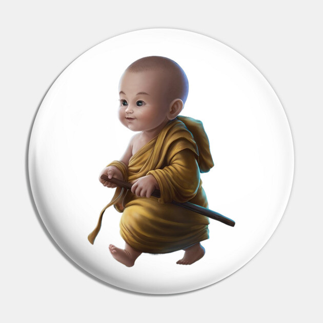 Baby with a Pixelated area Over the Face, Dressed in Traditional Monk Attire with a staff in Hand Pin by animegirlnft