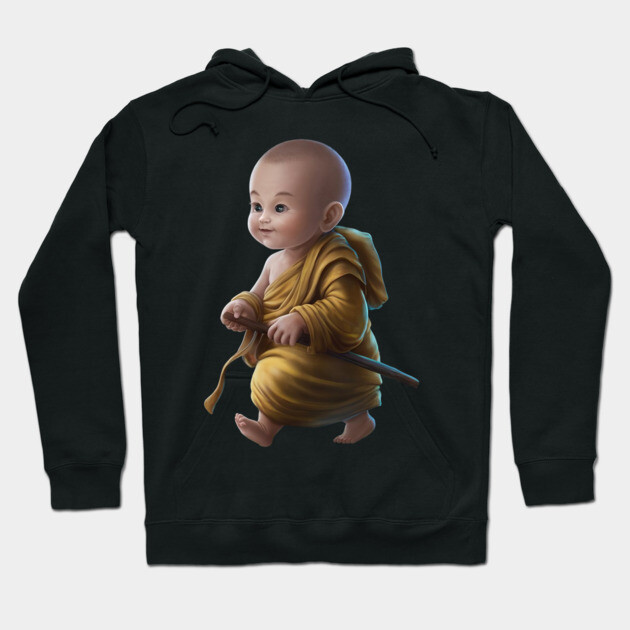 Baby with a Pixelated area Over the Face, Dressed in Traditional Monk Attire with a staff in Hand Hoodie by animegirlnft