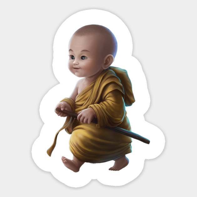 Baby with a Pixelated area Over the Face, Dressed in Traditional Monk Attire with a staff in Hand Sticker by animegirlnft