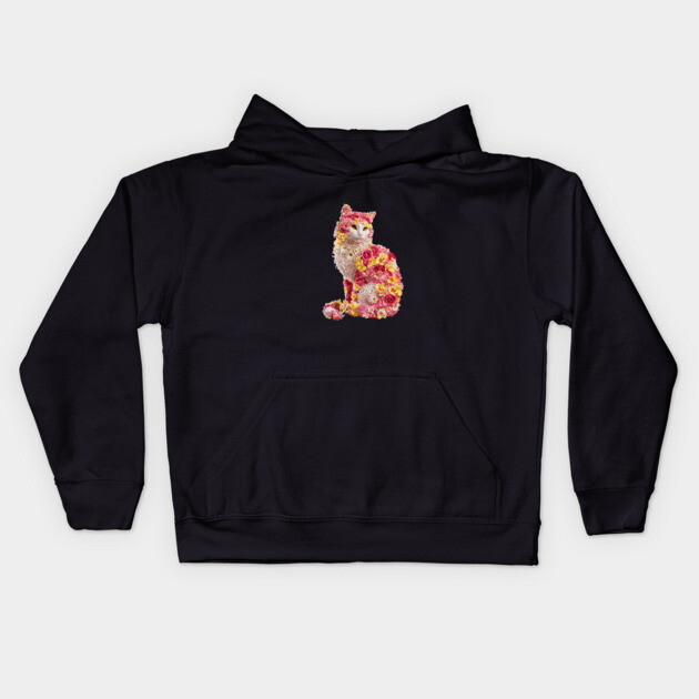 Cat Adorned with Various Pink Flowers, Creating a Whimsical and Artistic Kids Hoodie by animegirlnft