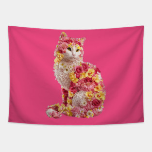 Cat Adorned with Various Pink Flowers, Creating a Whimsical and Artistic Tapestry