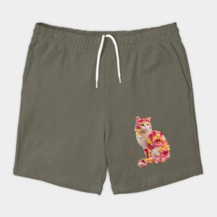 Cat Adorned with Various Pink Flowers, Creating a Whimsical and Artistic Shorts
