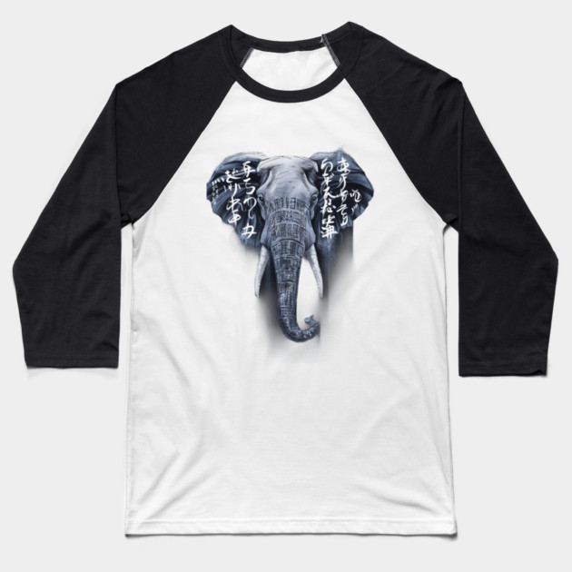 Elephant Head and Upper Trunk Against Overlaid with Japanese Text in Varying Fonts and Sizes Baseball T-Shirt by animegirlnft