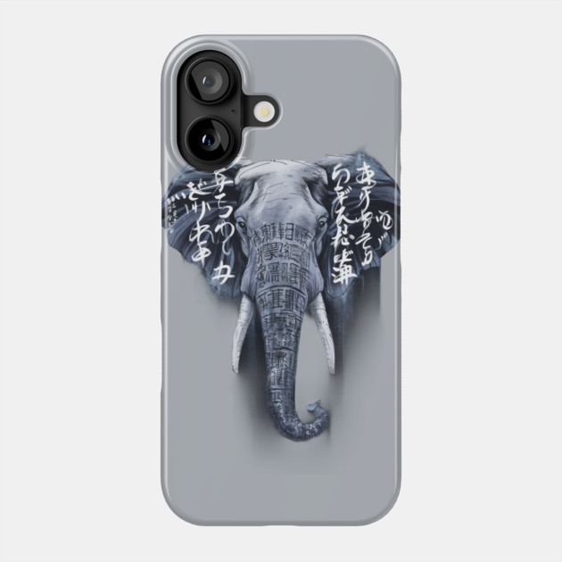 Elephant Head and Upper Trunk Against Overlaid with Japanese Text in Varying Fonts and Sizes Phone Case by animegirlnft