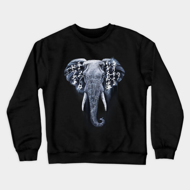 Elephant Head and Upper Trunk Against Overlaid with Japanese Text in Varying Fonts and Sizes Crewneck Sweatshirt by animegirlnft