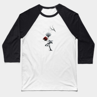 Created Artwork of Two Roses one Red and one White Growing from a Single Dark Stem with Leaves Baseball T-Shirt