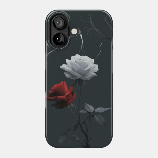 Created Artwork of Two Roses one Red and one White Growing from a Single Dark Stem with Leaves Phone Case by animegirlnft
