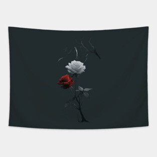 Created Artwork of Two Roses one Red and one White Growing from a Single Dark Stem with Leaves Tapestry