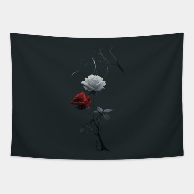 Created Artwork of Two Roses one Red and one White Growing from a Single Dark Stem with Leaves Tapestry by animegirlnft