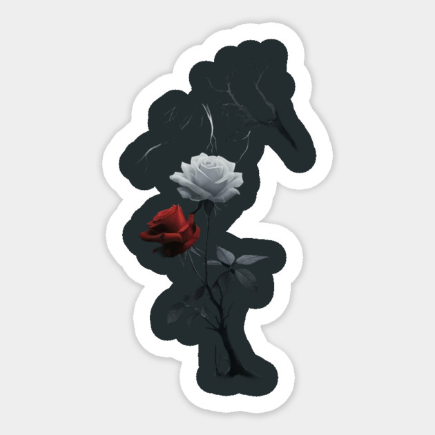 Created Artwork of Two Roses one Red and one White Growing from a Single Dark Stem with Leaves Sticker by animegirlnft