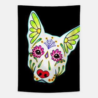 German Shepherd in White - Day of the Dead Sugar Skull Dog Tapestry