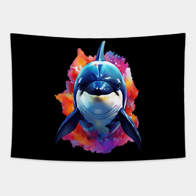 Vibrant Painted Killer Whale Tapestry by BirdsnStuff
