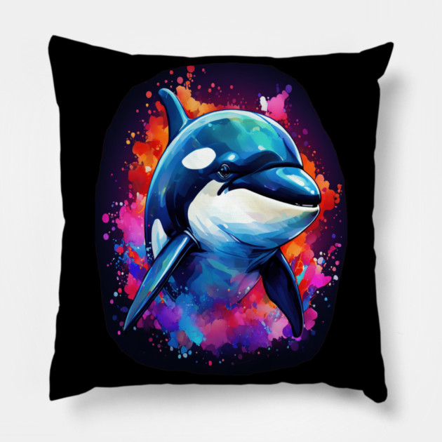 Vibrant Painted Killer Whale Pillow by BirdsnStuff