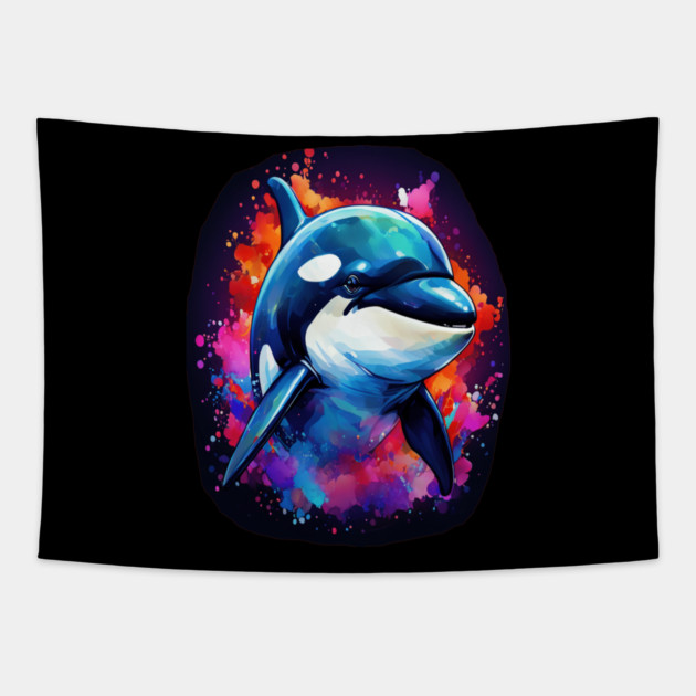 Vibrant Painted Killer Whale Tapestry by BirdsnStuff