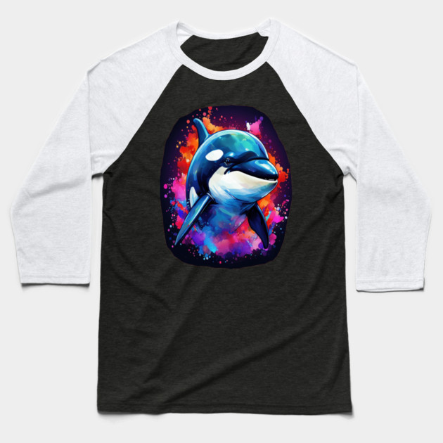 Vibrant Painted Killer Whale Baseball T-Shirt by BirdsnStuff