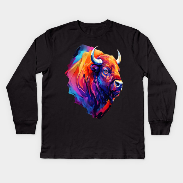 Painted Watercolor WIld Bison Kids Long Sleeve T-Shirt by BirdsnStuff