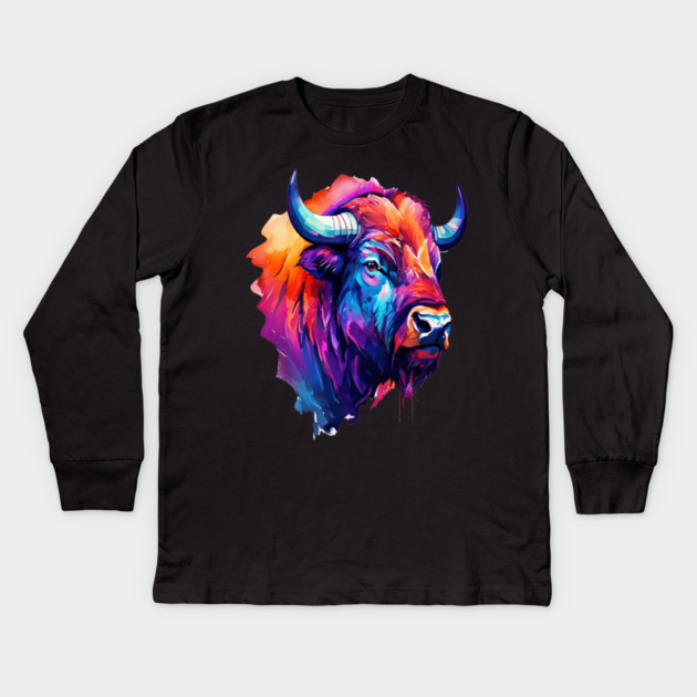 Painted Watercolor WIld Bison Kids Long Sleeve T-Shirt by BirdsnStuff