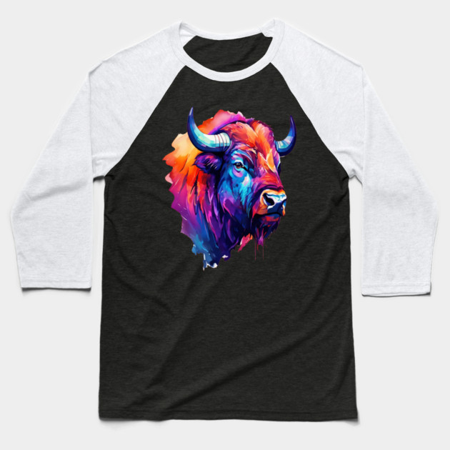 Painted Watercolor WIld Bison Baseball T-Shirt by BirdsnStuff