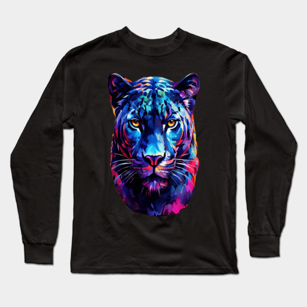 Vibrant Panther in Watercolor Long Sleeve T-Shirt by BirdsnStuff