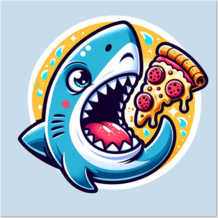 Funny Shark with Pizza, Pizza Lover Posters and Art