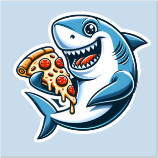 Funny Shark with Pizza, Pizza Lover Posters and Art