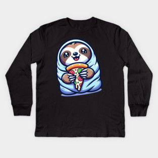 Cute Baby Sloth with a Slice of Pizza Kids Long Sleeve T-Shirt