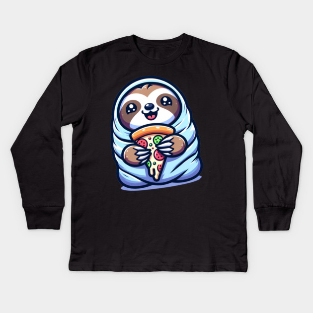 Cute Baby Sloth with a Slice of Pizza Kids Long Sleeve T-Shirt by logiamerch