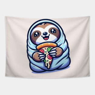 Cute Baby Sloth with a Slice of Pizza Tapestry