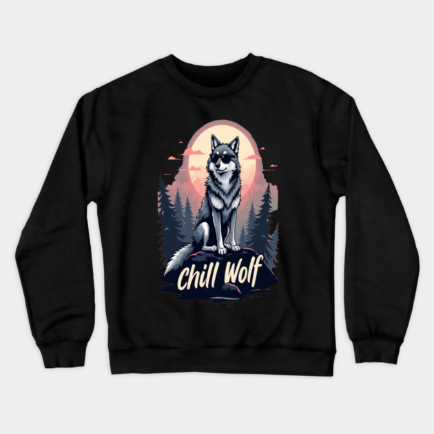 Chill Wolf Text Design Crewneck Sweatshirt by BirdsnStuff