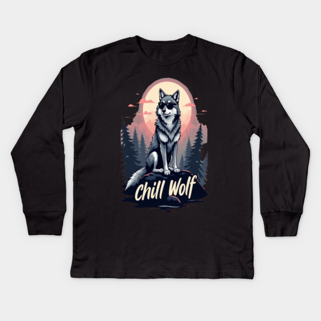 Chill Wolf Text Design Kids Long Sleeve T-Shirt by BirdsnStuff