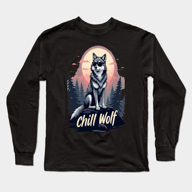 Chill Wolf Text Design Long Sleeve T-Shirt by BirdsnStuff