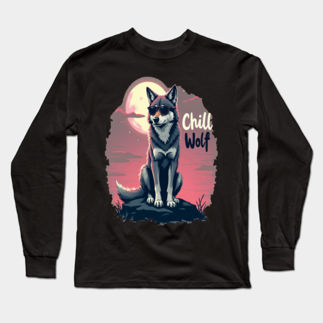 Chill Wolf Text Design Long Sleeve T-Shirt by BirdsnStuff