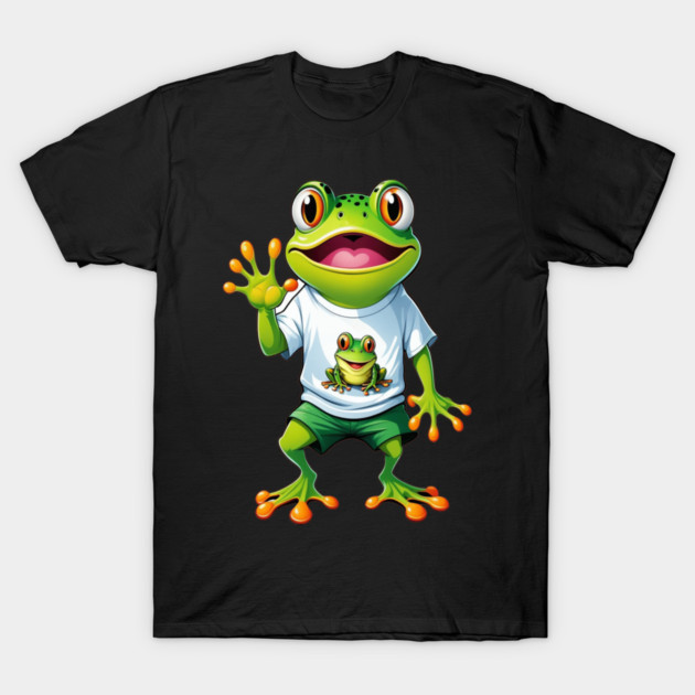Green Happy Frog T-Shirt by BirdsnStuff
