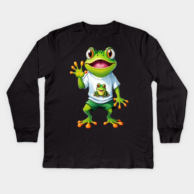 Green Happy Frog Kids Long Sleeve T-Shirt by BirdsnStuff