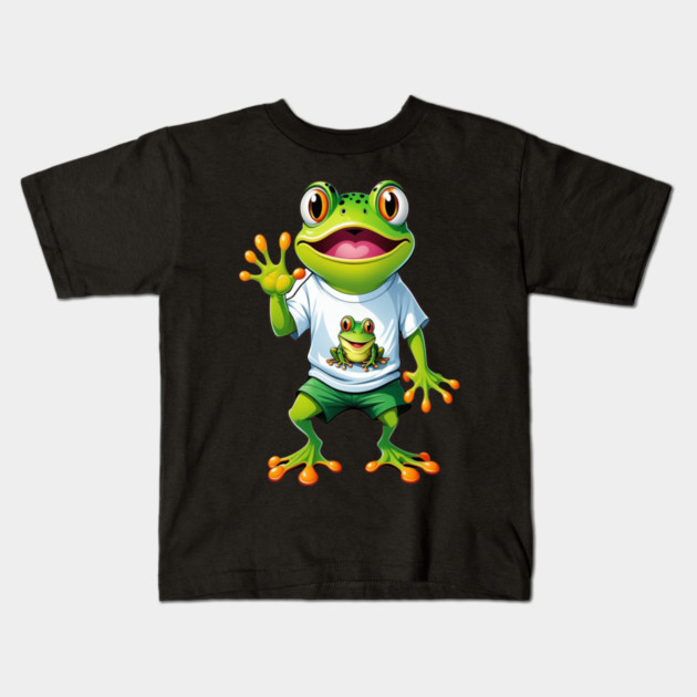 Green Happy Frog Kids T-Shirt by BirdsnStuff