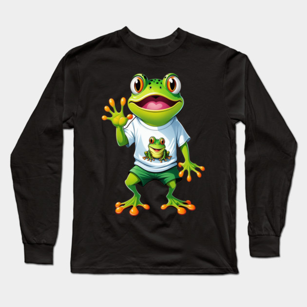 Green Happy Frog Long Sleeve T-Shirt by BirdsnStuff