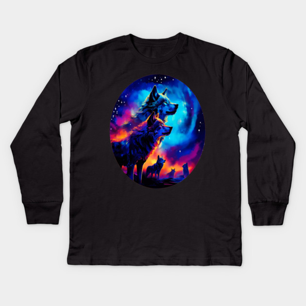 Bold Colorful Wolves Kids Long Sleeve T-Shirt by BirdsnStuff