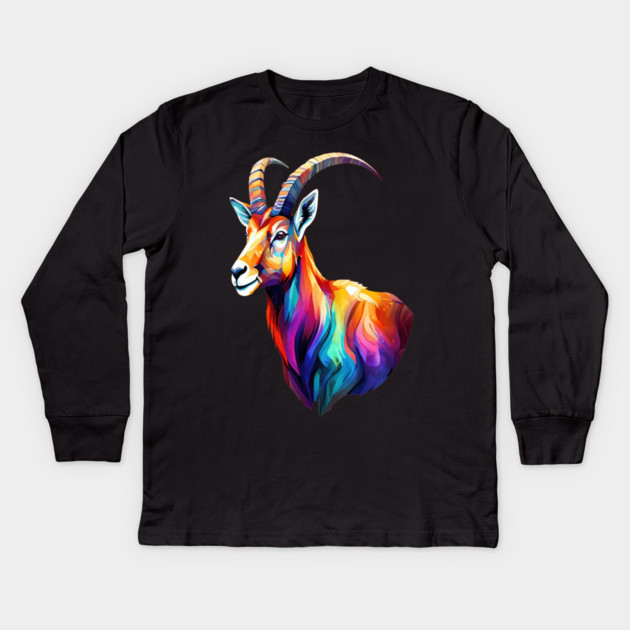 Wild Ibex in Rainbow Colors Kids Long Sleeve T-Shirt by BirdsnStuff