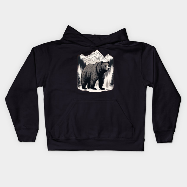 Brown Bear infront of Mountain Kids Hoodie by BirdsnStuff