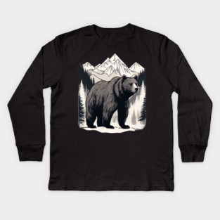 Brown Bear infront of Mountain Kids Long Sleeve T-Shirt