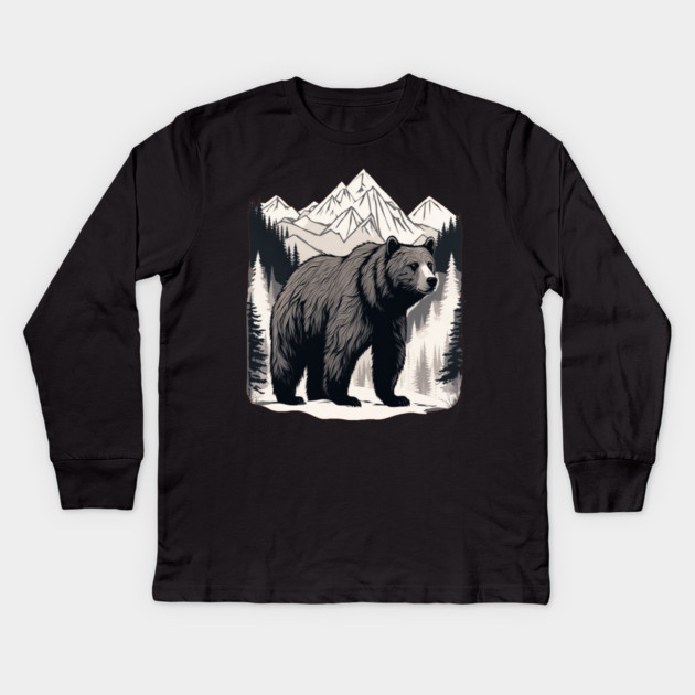 Brown Bear infront of Mountain Kids Long Sleeve T-Shirt by BirdsnStuff