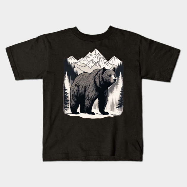 Brown Bear infront of Mountain Kids T-Shirt by BirdsnStuff