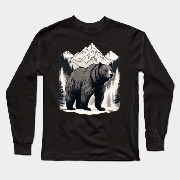 Brown Bear infront of Mountain Long Sleeve T-Shirt by BirdsnStuff