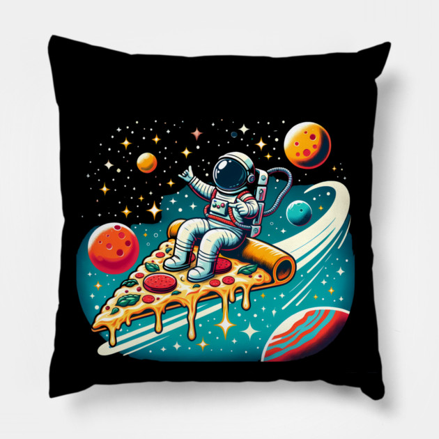 Funny Pizza Lover, Astronaut Surfing in Space Pillow by logiamerch