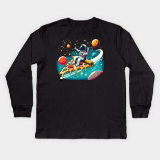 Funny Pizza Lover, Astronaut Surfing in Space Kids Long Sleeve T-Shirt