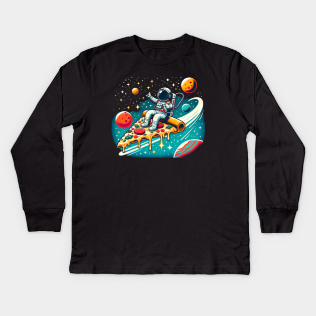 Funny Pizza Lover, Astronaut Surfing in Space Kids Long Sleeve T-Shirt by logiamerch