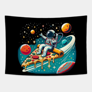 Funny Pizza Lover, Astronaut Surfing in Space Tapestry