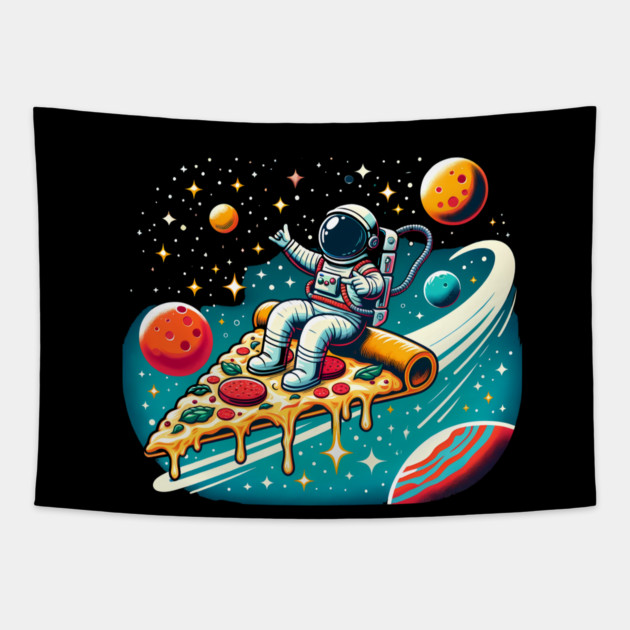 Funny Pizza Lover, Astronaut Surfing in Space Tapestry by logiamerch
