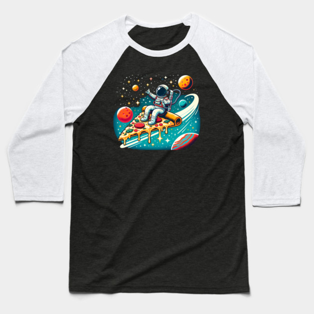 Funny Pizza Lover, Astronaut Surfing in Space Baseball T-Shirt by logiamerch